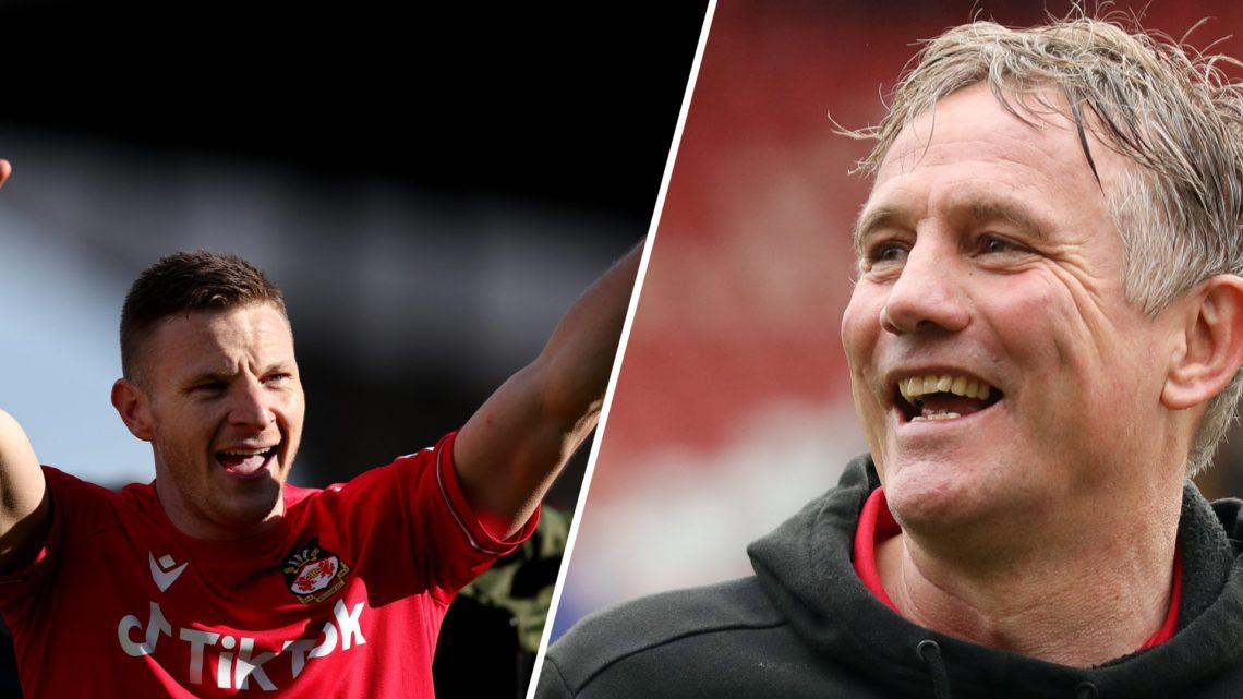 Paul Mullin of Wrexham celebrates victory after the Vanarama National League match between Wrexham and Notts County. Phil Parkinson, Manager of Wre...