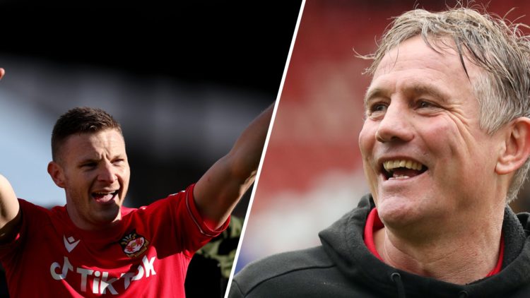 Paul Mullin of Wrexham celebrates victory after the Vanarama National League match between Wrexham and Notts County. Phil Parkinson, Manager of Wre...