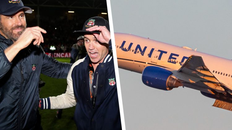 Split image of Wrexham co-owners Ryan Reynolds Rob McElhenney and a United Airlines plan taking off.