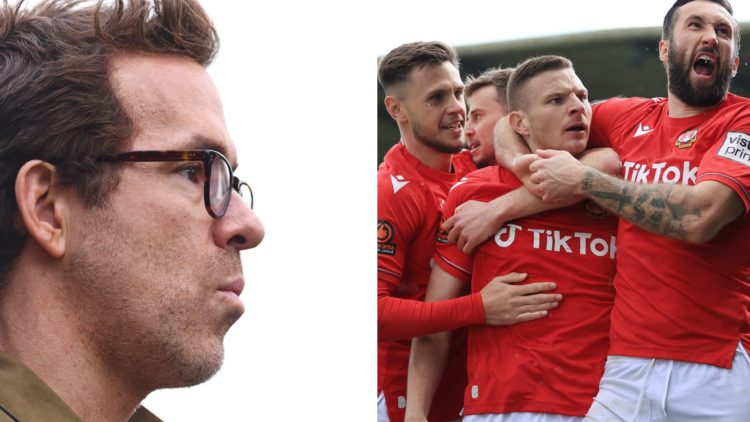Paul Mullin of Wrexham (C) celebrates with Ollie Palmer of Wrexham (R) after scoring their 1st goal during the Vanarama National League match betwe...