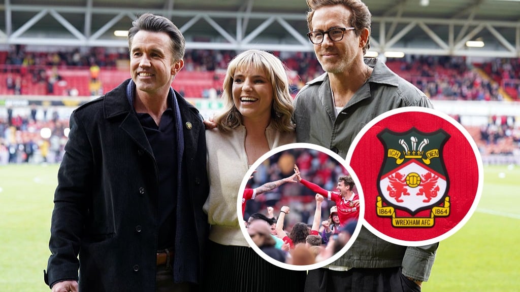 Wrexham owners Rob McElhenney and Ryan Reynolds with Kaleen Allyn. Inset, Wrexham badge and Wrexham players celebrate promotion.
