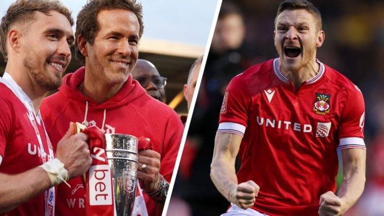 Ryan Reynolds, co-owner of Wrexham AFC, poses for a photo with the trophy alongside Sam Smith following the club's promotion. Paul Mullin of Wrexha...