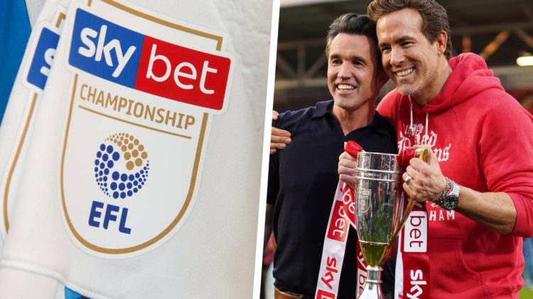 Split image of the EFL Championship logo on the sleeve of a shirt, and Wrexham co-owners Ryan Reynolds and Rob McElhenney celebrating promotion fro...