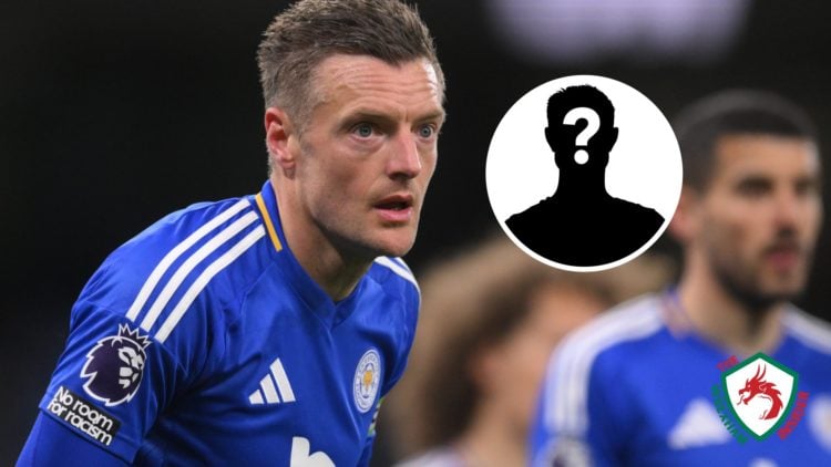 Wrexham transfer target Jamie Vardy playing for Leicester City. Inset a picture of a mystery player.