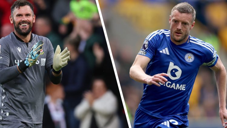 Ben Foster of Wrexham during the Sky Bet League Two match between Wrexham and Walsall FC at Racecourse Ground. Jamie Vardy of Leicester City during...
