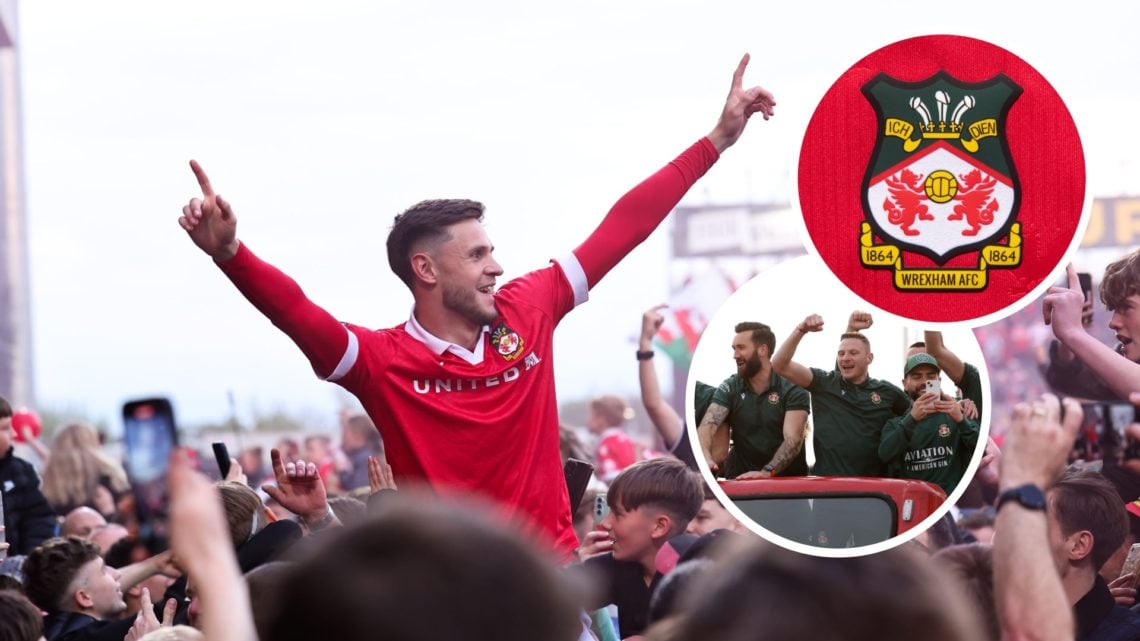 Wrexham players and fans celebrate promotion. Inset, Wrexham badge, and Ollie Palmer, Paul Mullin, and Elliot Lee in open-top bus.