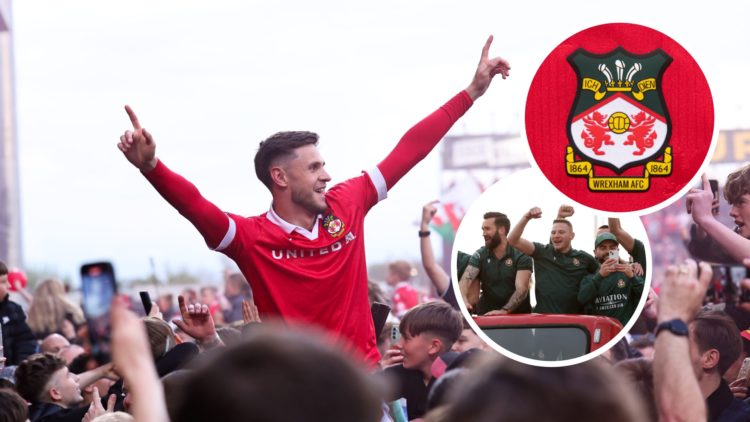 Wrexham players and fans celebrate promotion. Inset, Wrexham badge, and Ollie Palmer, Paul Mullin, and Elliot Lee in open-top bus.