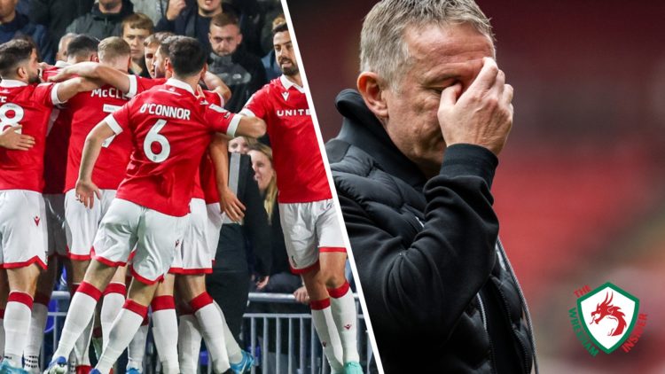 Split image of the Wrexham players celebrating a goal and manager Phil Parkinson looking frustrated.