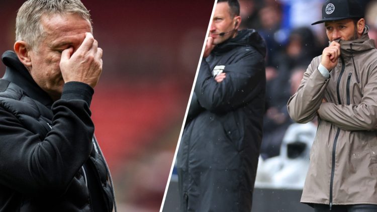 Wrexham manager Phil Parkinson looks upset and Bristol Rovers head coach Inigo Calderon watches from the touchline