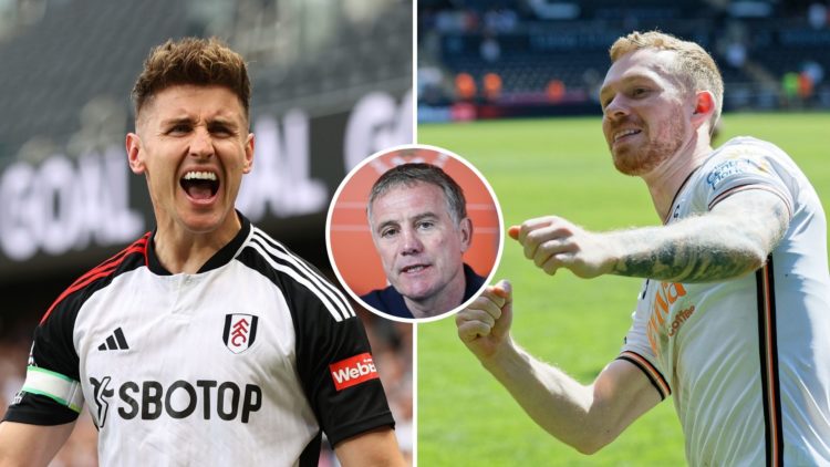 Split Image of Tom Cairney of Fulham celebrates after Wes Foderingham of Sheffield United scores an own goal during the Premier League match betwee...