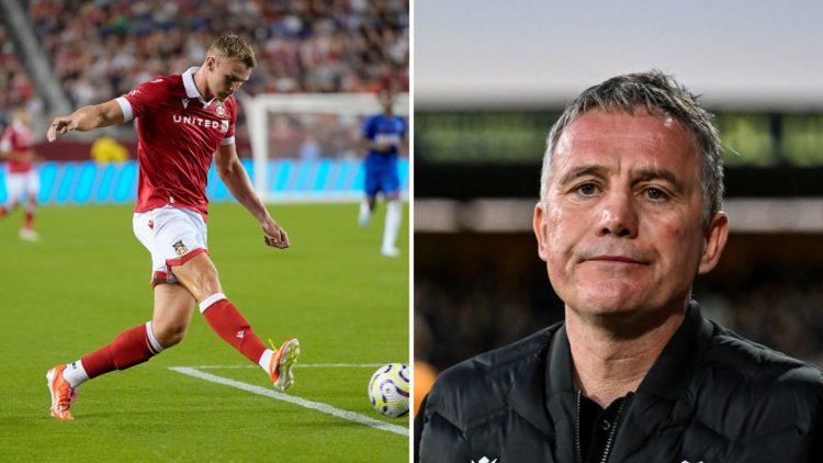 Split Image of Sam Dalby #18 of Wrexham AFC shoots on goal against Chelsea FC, Phil Parkinson (Manager Wrexham) looks on during the Sky Bet League ...