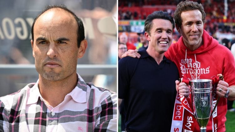 Split Image of Landon Donovan looks on prior to Angel City FC v San Diego Wave FC clash, Rob McElhenney and Ryan Reynolds co-owners of Wrexham ahea...