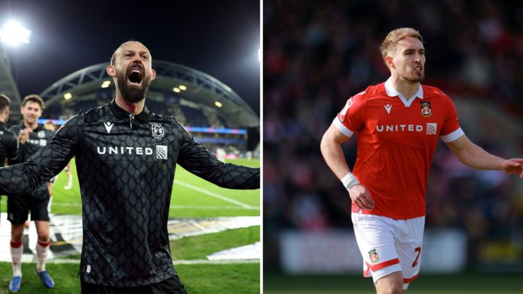 Split Image of: Steven Fletcher celebrates after scoring the first goal during the Sky Bet League One match between Huddersfield Town AFC and Wrexh...