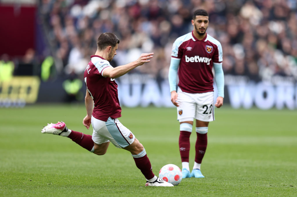 West Ham United's Aaron Cresswell shoots from a free kick against Everton in the Premier League.