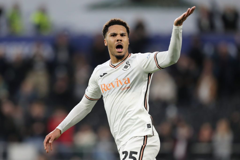 Swansea City's Myles Peart-Harris celebrates scoring against Portsmouth.