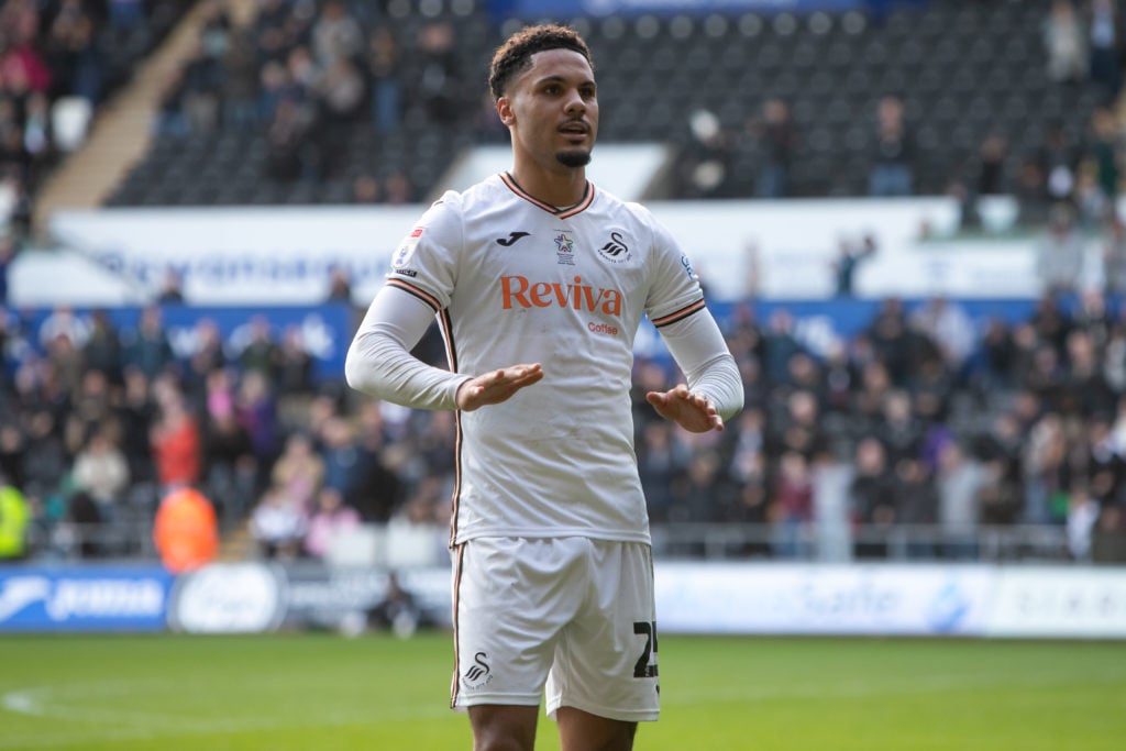 Myles Peart-Harris celebrates scoring during Swansea City AFC v Blackburn Rovers FC in the Sky Bet Championship clash.