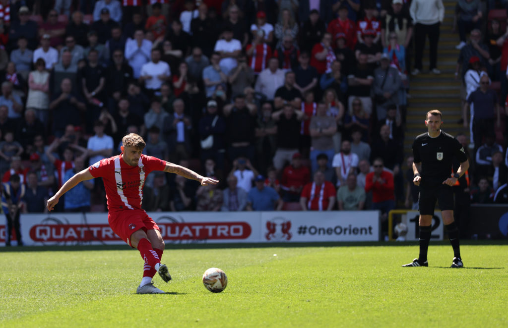 Charlie Kelman taking a penalty in Leyton Orient v Stockport during the Sky Bet League One Play Off Semi Final First Leg.