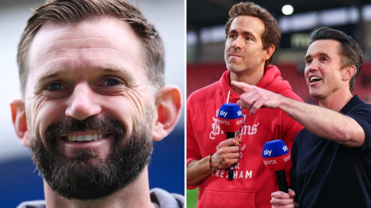 Split Image of Mark Howard of Wrexham looks on prior to the Sky Bet League One match between Bolton Wanderers FC and Wrexham, Ryan Reynolds and Rob...