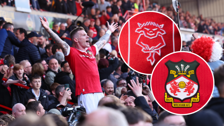 Wrexham star James McClean celebrates with fans. Inset, Wrexham badge and Lincoln City badge.