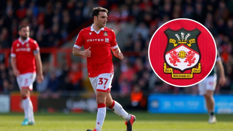 Image of: Matty James of Wrexham looks on during the Sky Bet League One match between Wrexham AFC and Bolton Wanderers FC Inset of: The official cl...