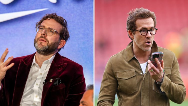 Split Image of: Humphrey Ker speaks onstage during the "American Auto" panel at the NBCUniversal presentations at the TCA Winter Press Tour, Ryan R...