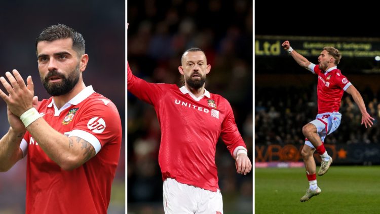 Split Image of: Elliot Lee of Wrexham AFC acknowledges the fans following the Sky Bet League One match between Wrexham AFC and Shrewsbury Town, Ste...