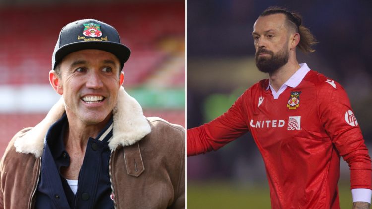 Split Image of Wrexham Football Club co-owner Rob McElhenney during the Vanarama National League fixture between Wrexham and Notts County, Steven F...