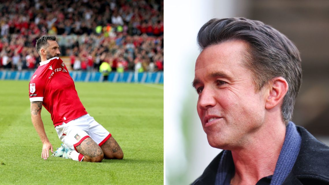 Split Image of Rob McElhenney co-owner of Wrexham ahead of the Sky Bet League One match between Wrexham AFC and Charlton Athletic, Ollie Palmer of ...