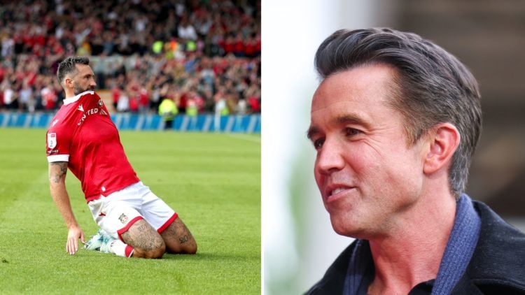 Split Image of Rob McElhenney co-owner of Wrexham ahead of the Sky Bet League One match between Wrexham AFC and Charlton Athletic, Ollie Palmer of ...