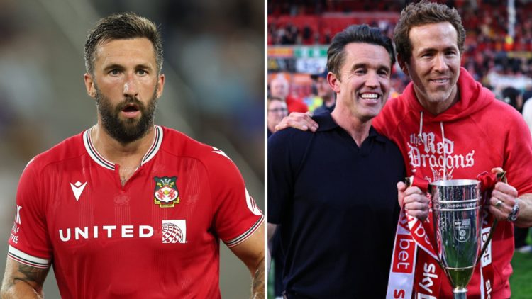 Split Image of Ollie Palmer of Wrexham during the pre-season friendly match between Manchester United and Wrexham, Rob McElhenney and Ryan Reynolds...