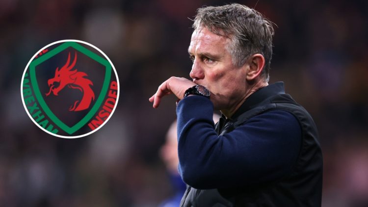 Split Image of: Phil Parkinson manager / head coach of Wrexham during the Sky Bet League One match between Huddersfield Town AFC and Wrexham, Inset...