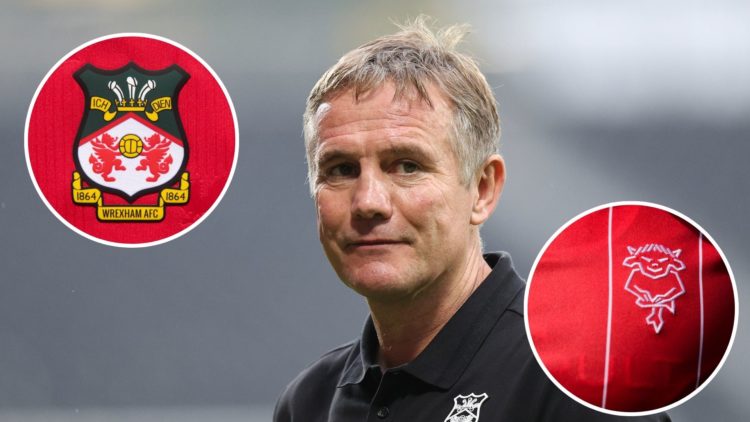 Image of: Phil Parkinson the head coach / manager of Wrexham during the Sky Bet League One match between Wrexham AFC and Shrewsbury Town Insets of:...