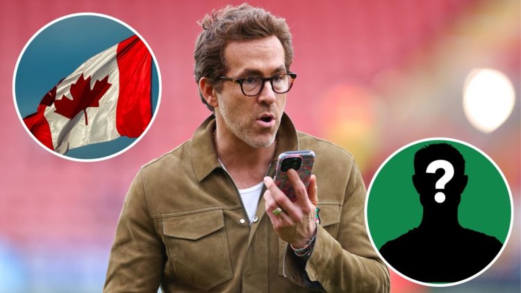 Image of Ryan Reynolds co-owner of Wrexham ahead of the Sky Bet League One match between Wrexham AFC and Charlton Athletic, Insets of The Canadian ...