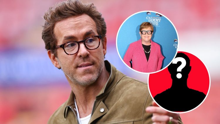Image of Ryan Reynolds co-owner of Wrexham ahead of the Sky Bet League One match between Wrexham AFC and Charlton Athletic, Insets of Elton John at...