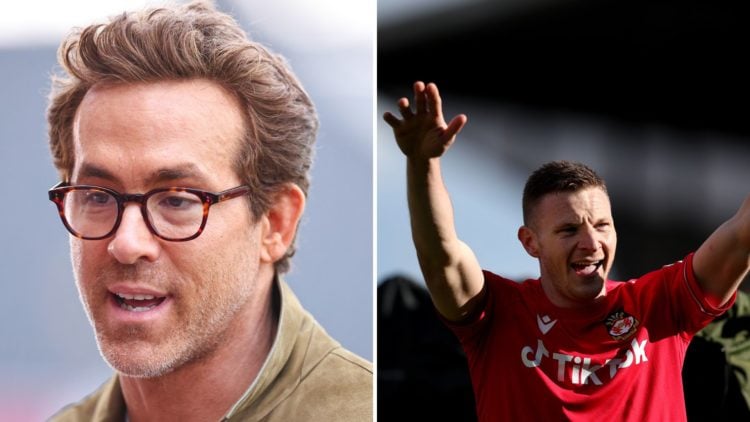 Split Image of Ryan Reynolds co-owner of Wrexham ahead of the Sky Bet League One match between Wrexham AFC and Charlton Athletic, Paul Mullin of Wr...