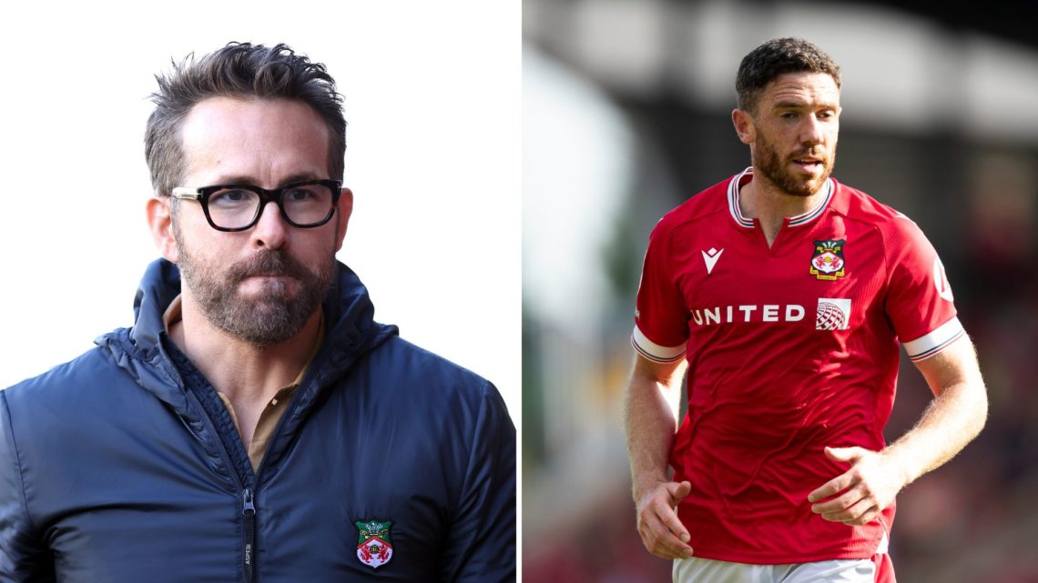 Split Image of Ryan Reynolds, Owner of Wrexham looks on during the Vanarama National League match between Wrexham and Notts County, Ben Tozer of Wr...