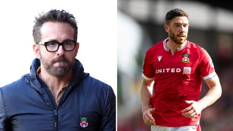 Split Image of Ryan Reynolds, Owner of Wrexham looks on during the Vanarama National League match between Wrexham and Notts County, Ben Tozer of Wr...