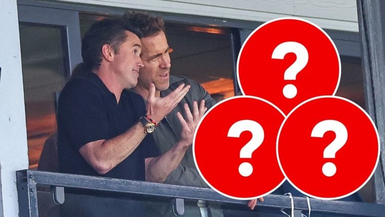 Wrexham owners Rob McElhenney and Ryan Reynolds at game against Charlton Athletic. Three question mark images to indicate three signings that need ...