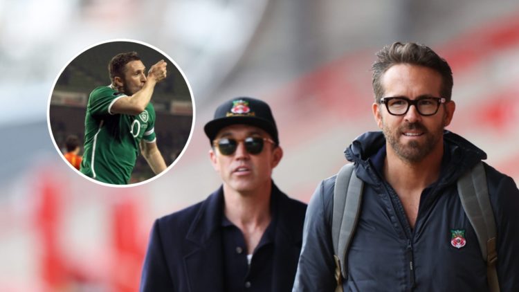 Wrexham co-owners Ryan Reynolds and Rob McElhenney walk along, inset a picture of former Republic of Ireland striker Robbie Keane celebrating a goal.