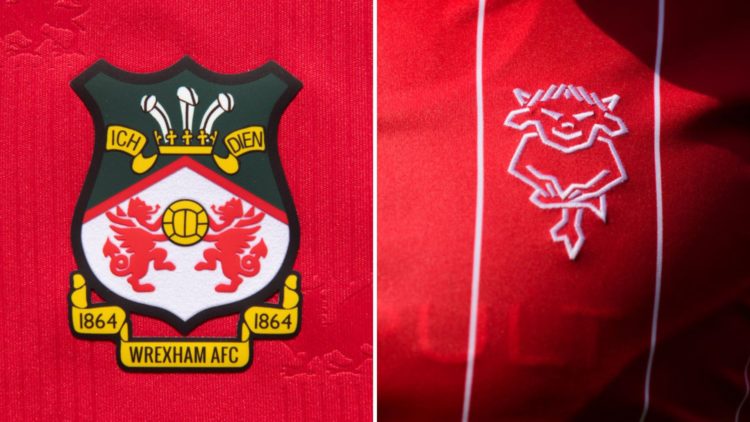 Split Image of: The official club badge of Wrexham AFC, A close up of the club badge on the front of a Lincoln City home shirt