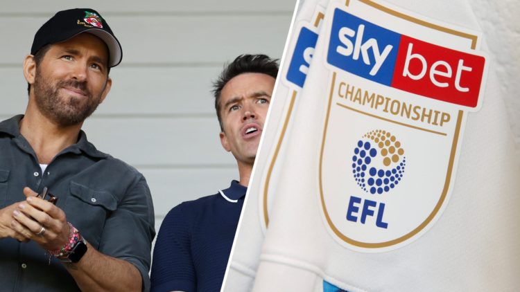 Ryan Reynolds, Owner of Wrexham and Rob McElhenney, Actor and Co-Owner of Wrexham react prior to the Vanarama National League Play-Off Semi Final m...