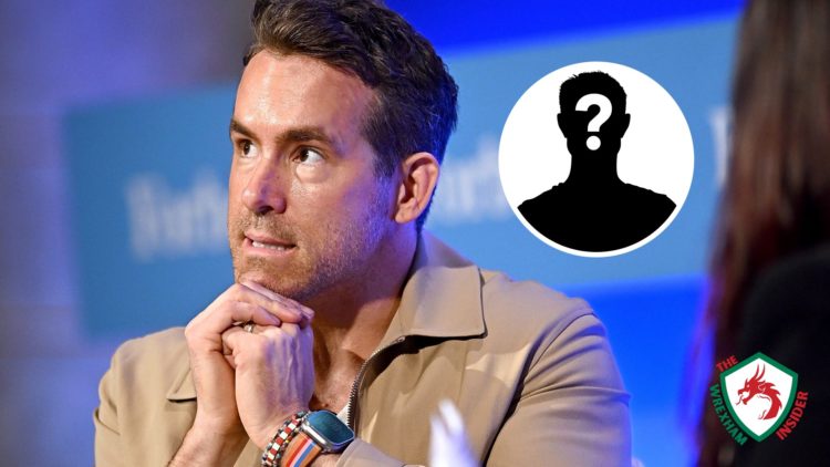 Actor and Wrexham co-owner Ryan Reynolds holds his hands together during an interview. Inset a picture of a mystery player.