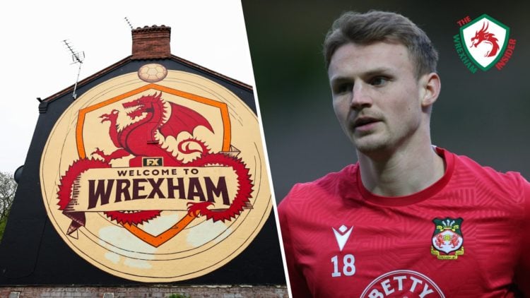 Split image of a Welcome to Wrexham mural painted on the side of a building, and Sam Dalby warming up before a Wrexham AFC match.