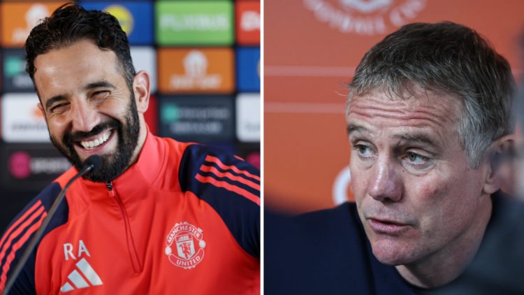 Ruben Amorim, Manager of Manchester United, reacts during a press conference ahead of their UEFA Europa League 2024/25 quarter final second leg mat...