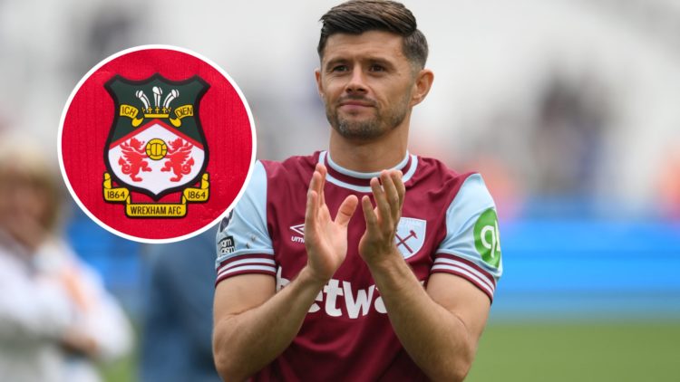West Ham's Aaron Cresswell. Inset, Wrexham badge.