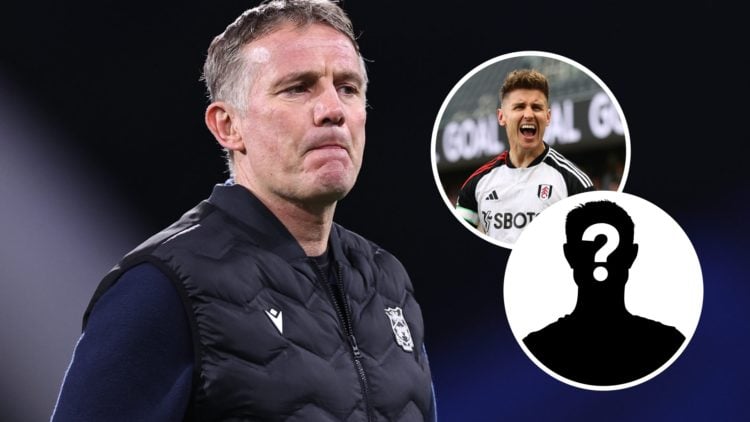 Wrexham manager Tom Cairney. Inset, Fulham's Tom Cairney and a mystery player graphic.