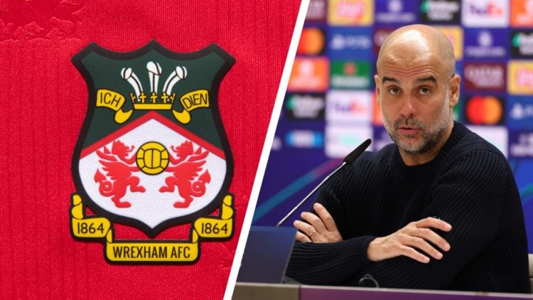 Split image of the official Wrexham AFC club badge, and Man City manager Pep Guardiola during a press conference.