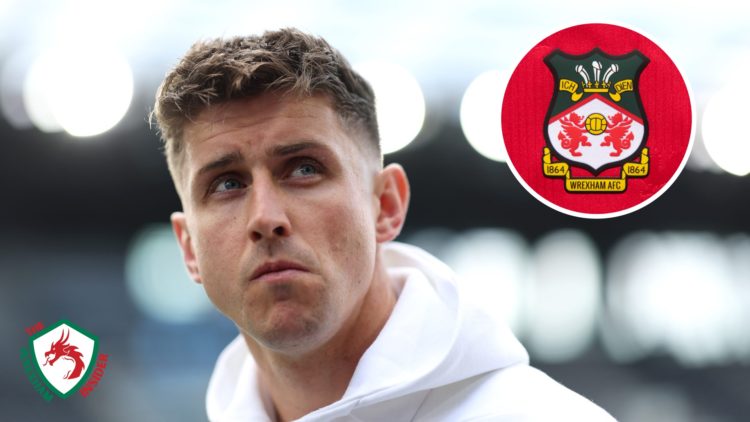 Fulham midfielder Tom Cairney looks on before the start of a Premier League game. Inset a picture of the official Wrexham AFC club badge.