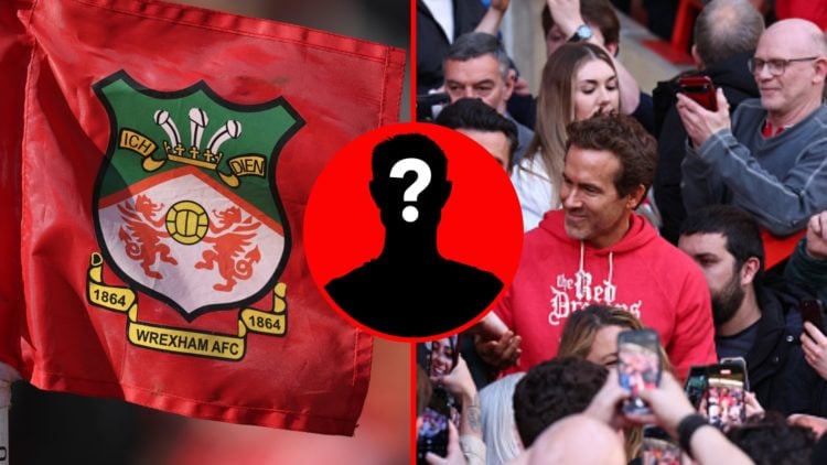 Fans of Wrexham celebrate with Rob McElhenney and Ryan Reynolds co-owners of Wrexham after the Sky Bet League One match between Wrexham AFC and Cha...