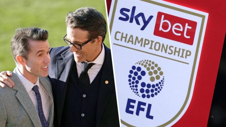 Split image of Wrexham owners Rob McElhenney and Ryan Reynolds (L) and EFL Championship logo (R)